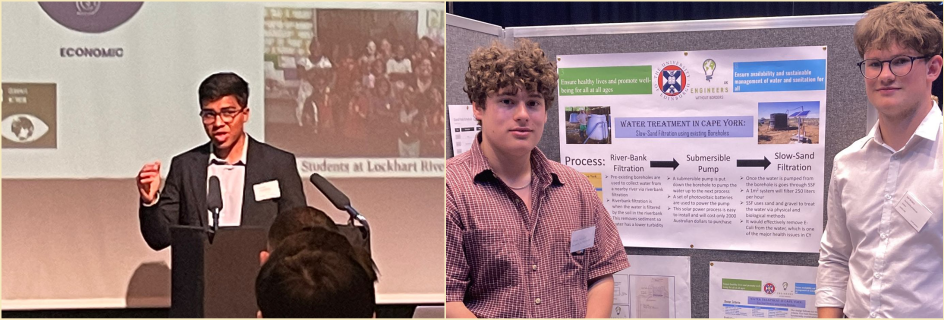 Omar Sharkas presents his team's project during the competition at UCL in London (left); and (right) Oliver Fairfoot and Keir Barbary with their project poster at the event