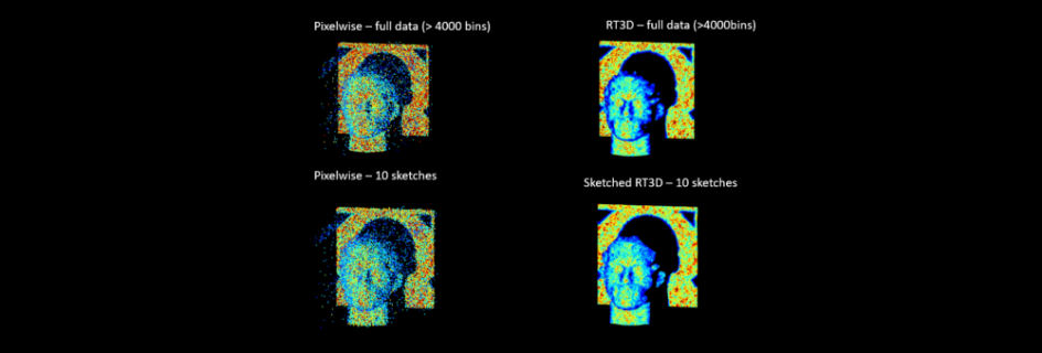  Figure shows 3D imaging performance of a Lidar camera in a setting with strong background illumination. Top left: an image processed “pixelwise” – or pixel by pixel – results in a “noisy” image, with less definition and accuracy. Image quality can be substantially improved with spatial regularization algorithms such as RT3D (top right). However, in both cases the data transfer involved is prohibitive. Bottom row: the pixelwise sketched Lidar reconstruction (left), and the sketched RT3D images (right). In b