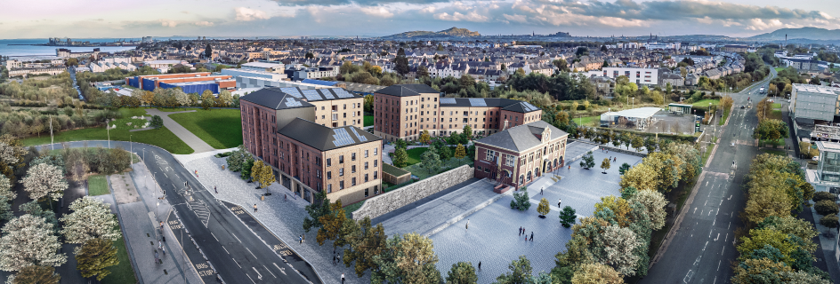 An aerial view of the high-performing affordable homes pilot project at Granton