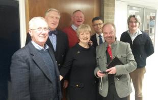 Caroline is pictured with Professors Jim Jordon, John Mavor, Peter Grant, Hugh McCann, Alan Murray and Stefano Brandani