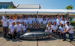 The HYPED team, with their pod, at European Hyperloop Week 2022, in Delft, the Netherlands