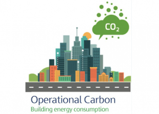A graphical illustration of a city skyline emitting a cloud of CO2 with the text "Operational Carbon: Building energy consumption"