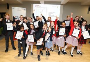 school children celebrating receiving their primary engineer awards