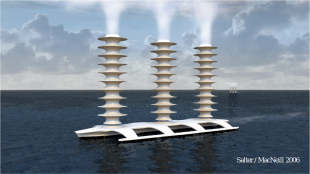 An illustration of a boat with 3 chimneys spraying sea water into the air
