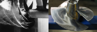 Bubbles coming off a ship's propeller when they have reached larger sizes (left), and the damage caused when these bubbles collapse on another propeller (right) 