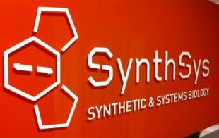 SynthSys logo white text on red background