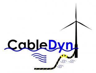 CableDyn project logo, black and blue lettering with a turbine icon, wavy lines and a cable running underneath the sea