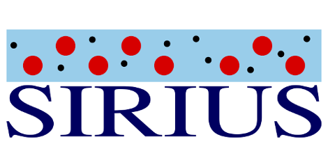 SIRIUS logo blue text on white background with ref and blue circles on light blue background above text
